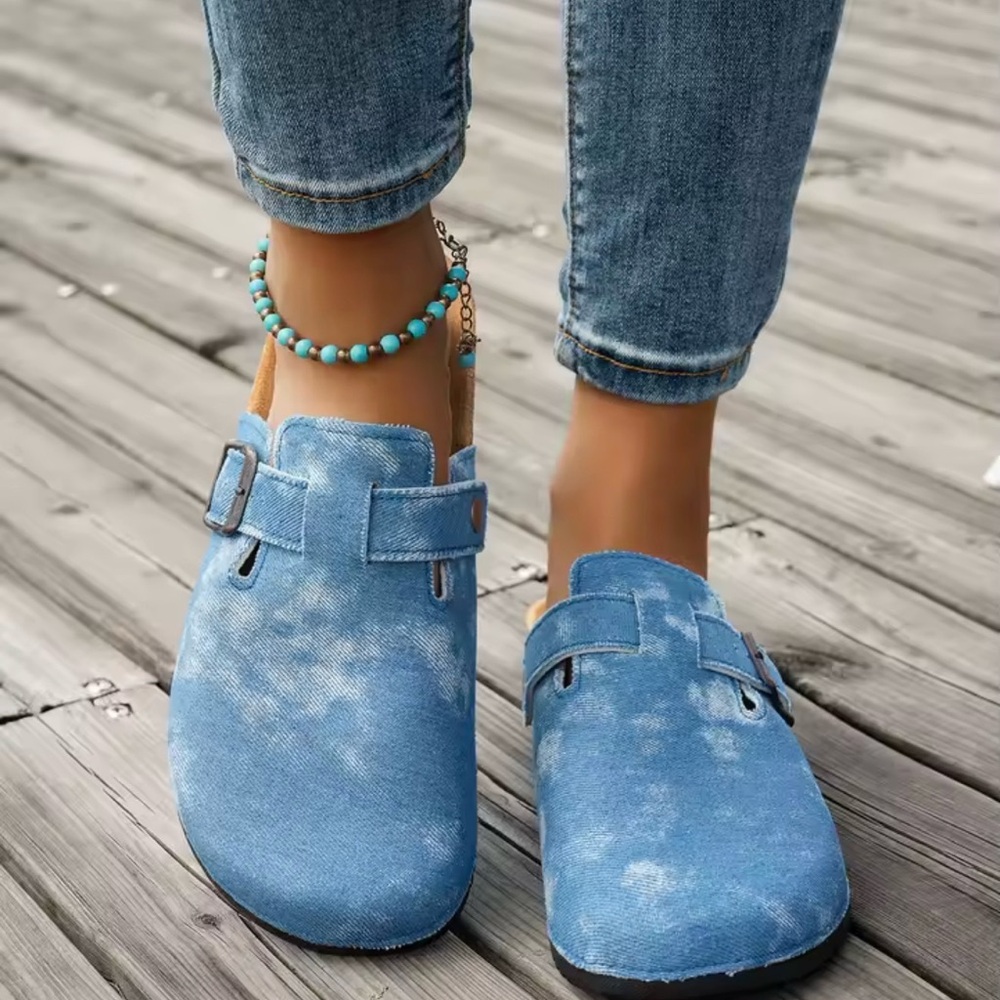 Denim Clog Sandals Blue Washed Slip-On Mules Adjustable Casual Summer Shoes - Picture 2 of 3